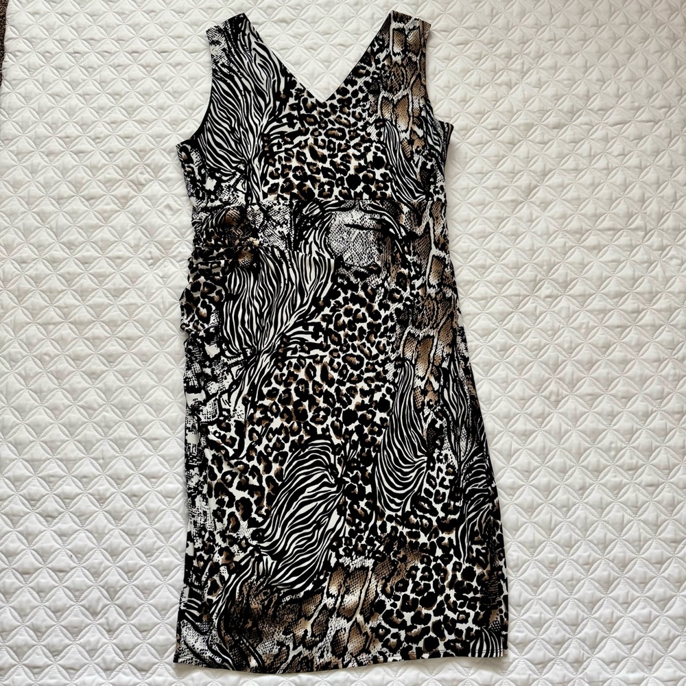 Alfani Animal Print V-Neck Sleeveless Midi Dress Black White Tan Size 12 - Picture 11 of 11